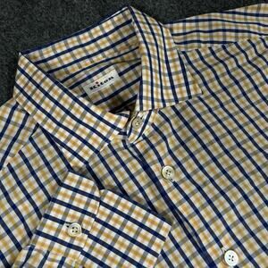 KITON Mens $795 Poplin Cotton Sport Shirt Yellow Blue Sz Large Italy Made